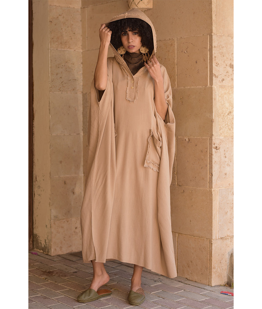 Dark Beige Linen Kaftan with Hoodie handmade in Egypt & available at Jozee Boutique.