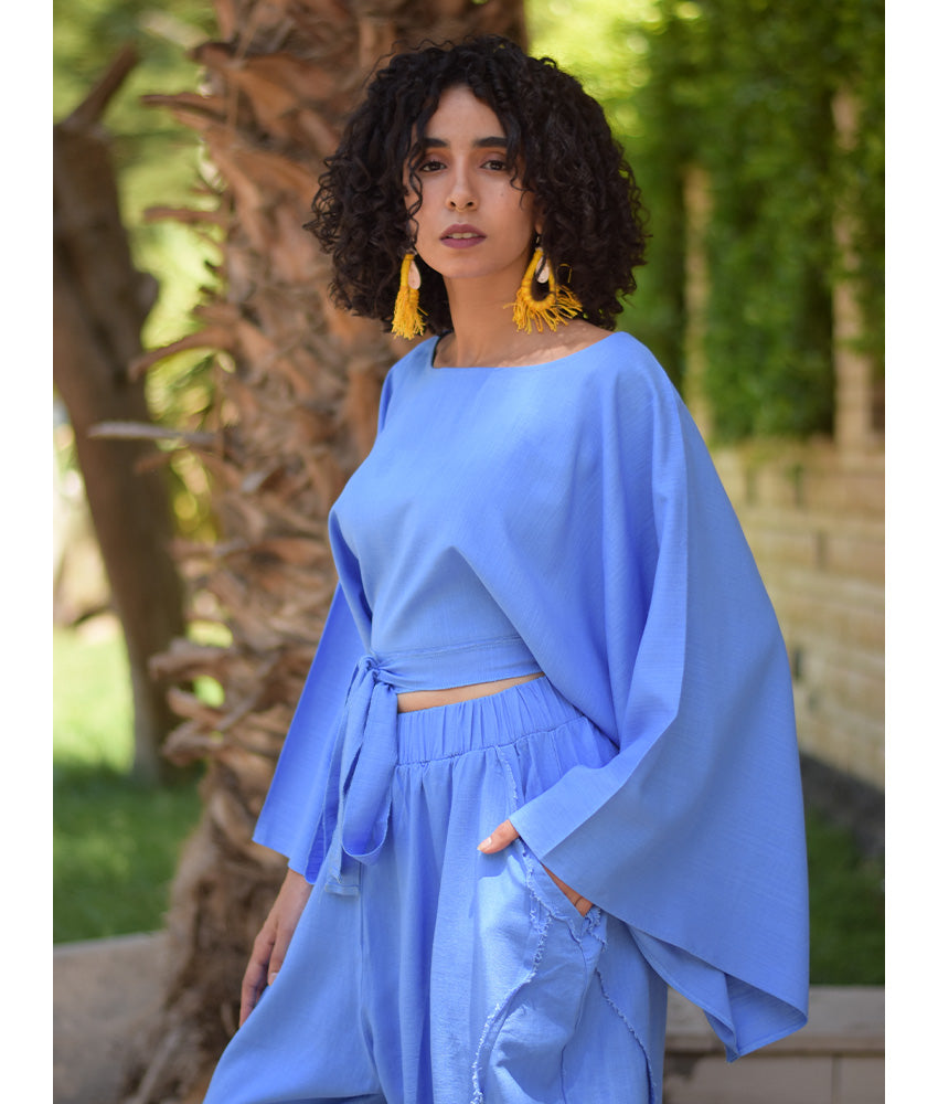 Denim Blue Kimono Linen Top handmade in Egypt & available at Jozee Boutique.