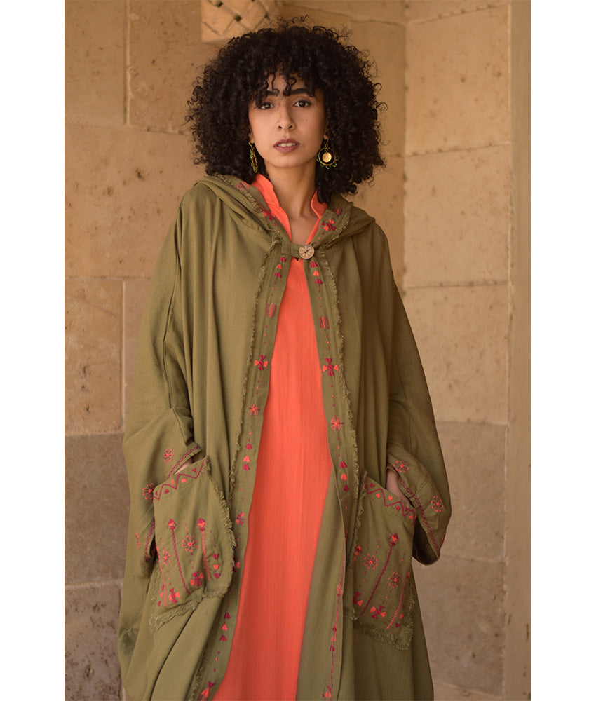 Army green Siwa Embroidered Linen Cardigan/Abaya with Hoodie handmade in Egypt & available at Jozee Boutique.