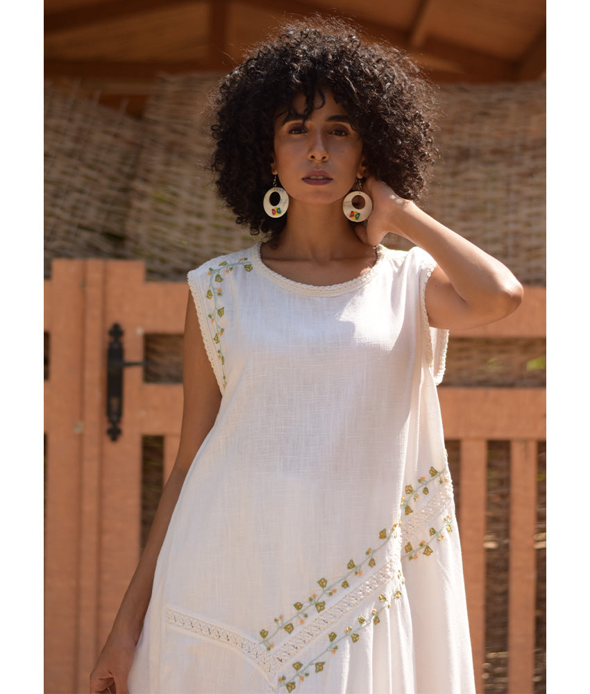 White Linen Dress with Hand Embroideries handmade in Egypt & available in Jozee boutique