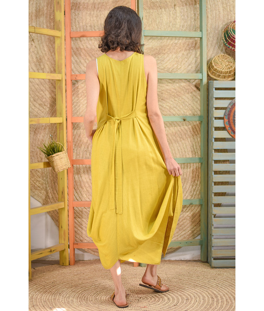 Mustard Linen Tent Dress With Side Buttons handmade in Egypt & available at Jozee boutique