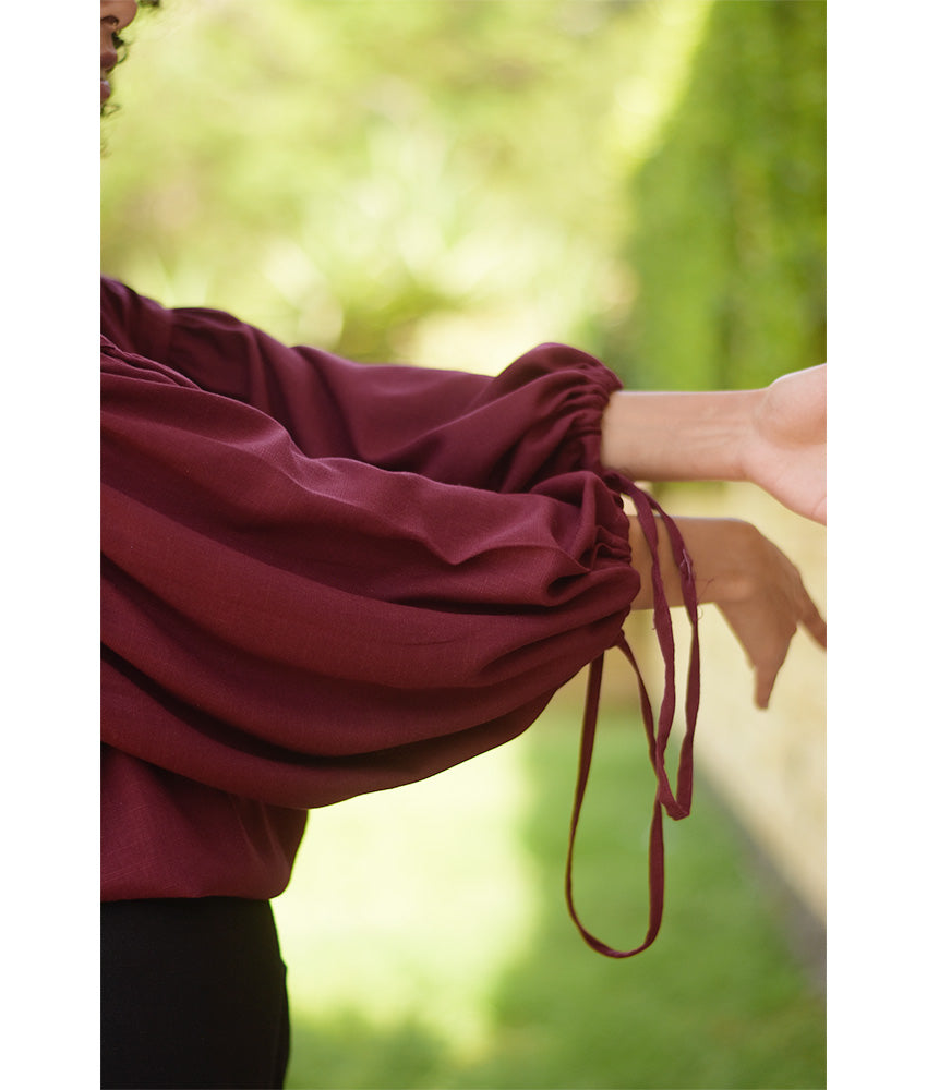 Burgundy Linen Long Sleeves Cinched Top handmade in Egypt & available at Jozee boutique
