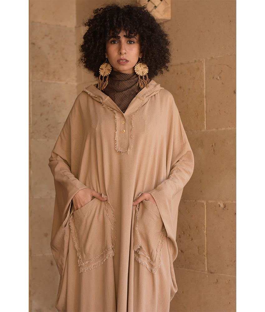 Dark Beige Linen Kaftan with Hoodie