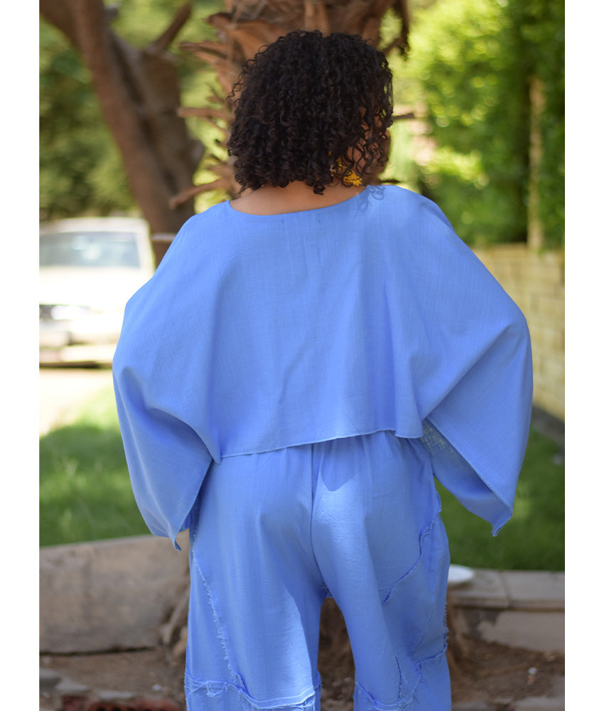Denim Blue Kimono Linen Top handmade in Egypt & available at Jozee Boutique.