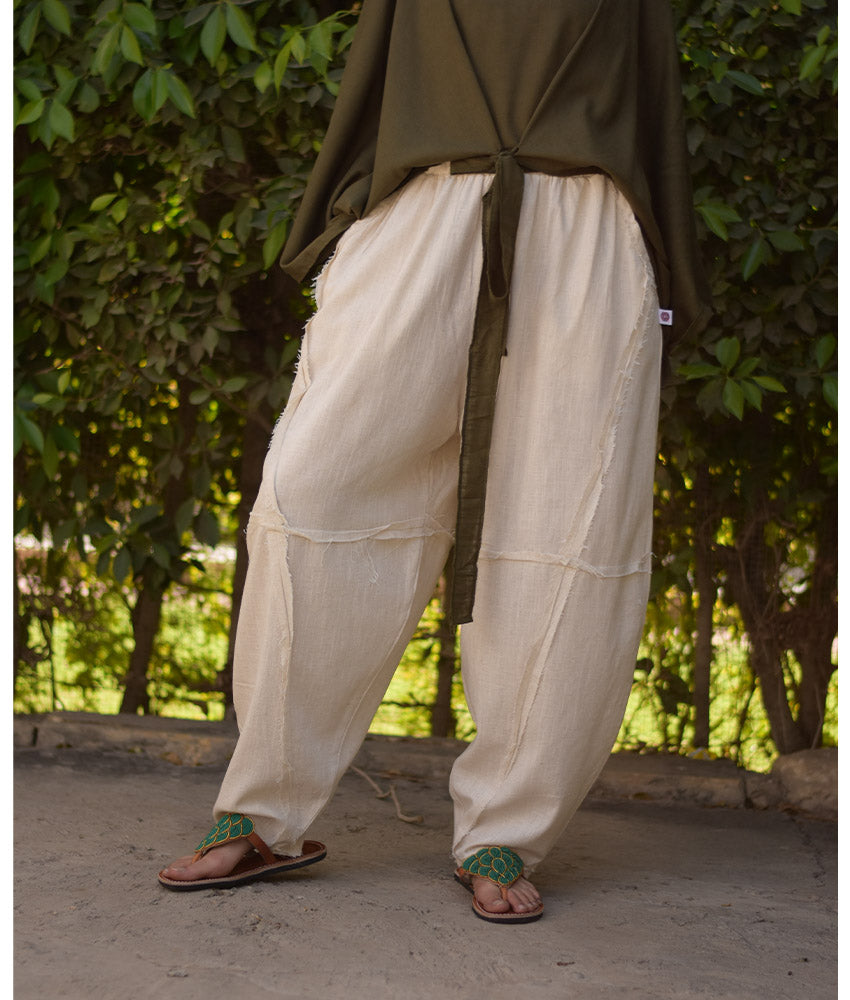Off White Wide Leg Linen Frayed Pants handmade in Egypt & available at Jozee Boutique.