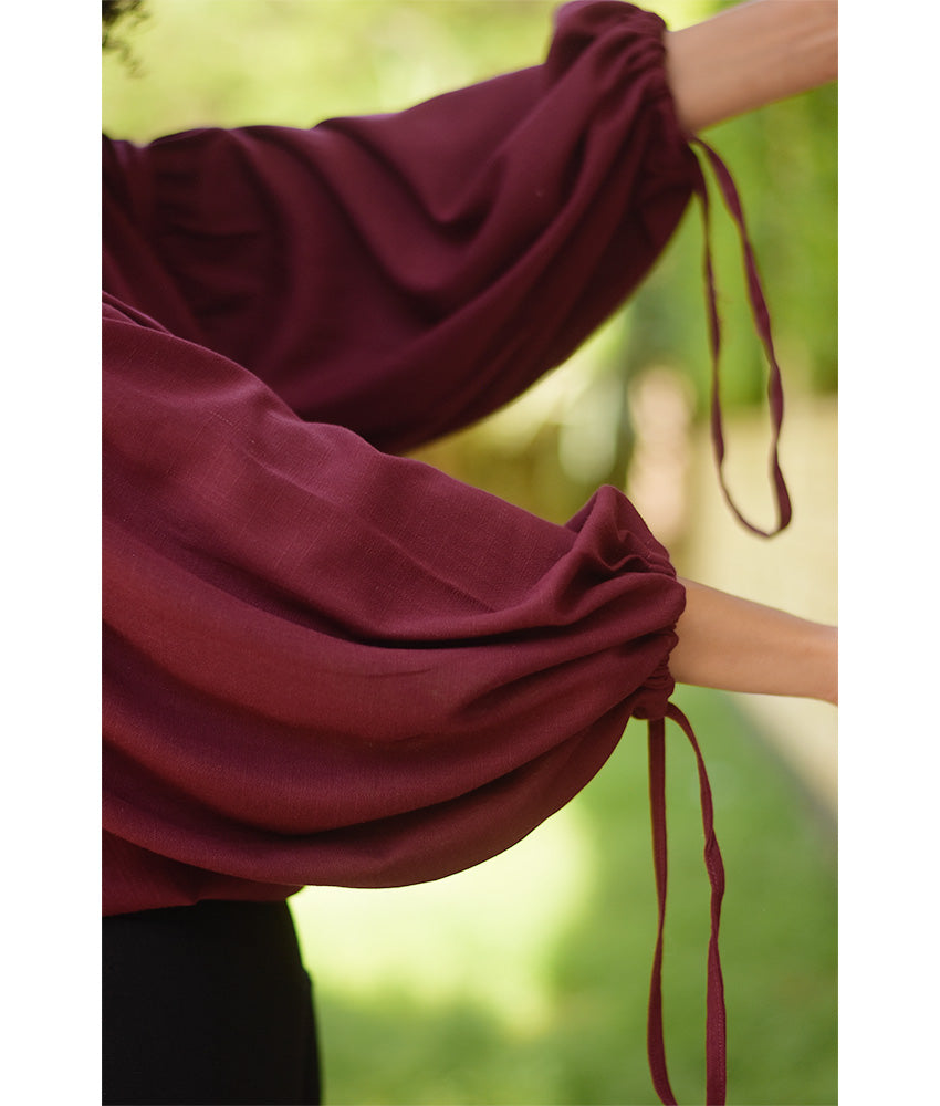 Burgundy Linen Long Sleeves Cinched Top handmade in Egypt & available at Jozee boutique
