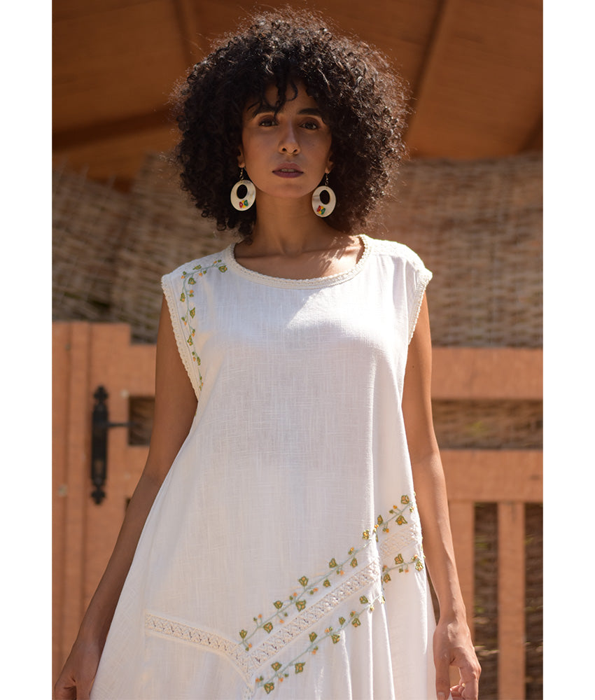 White Linen Dress with Hand Embroideries handmade in Egypt & available in Jozee boutique