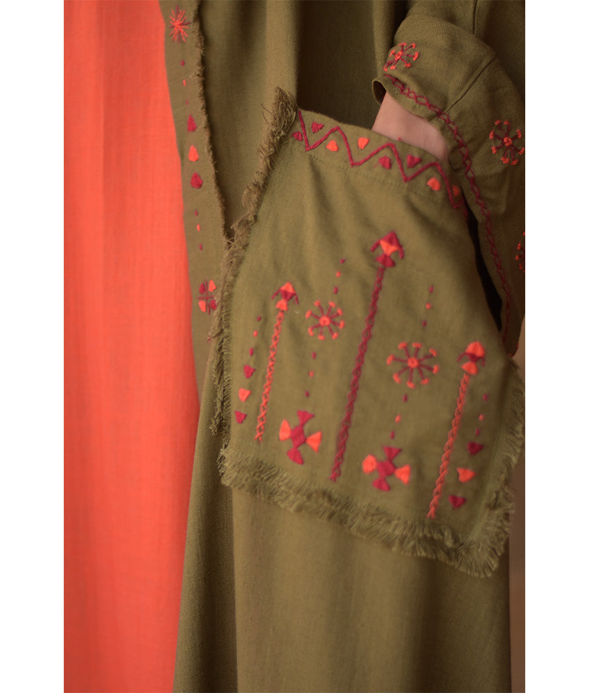 Army green Siwa Embroidered Linen Cardigan/Abaya with Hoodie handmade in Egypt & available at Jozee Boutique.