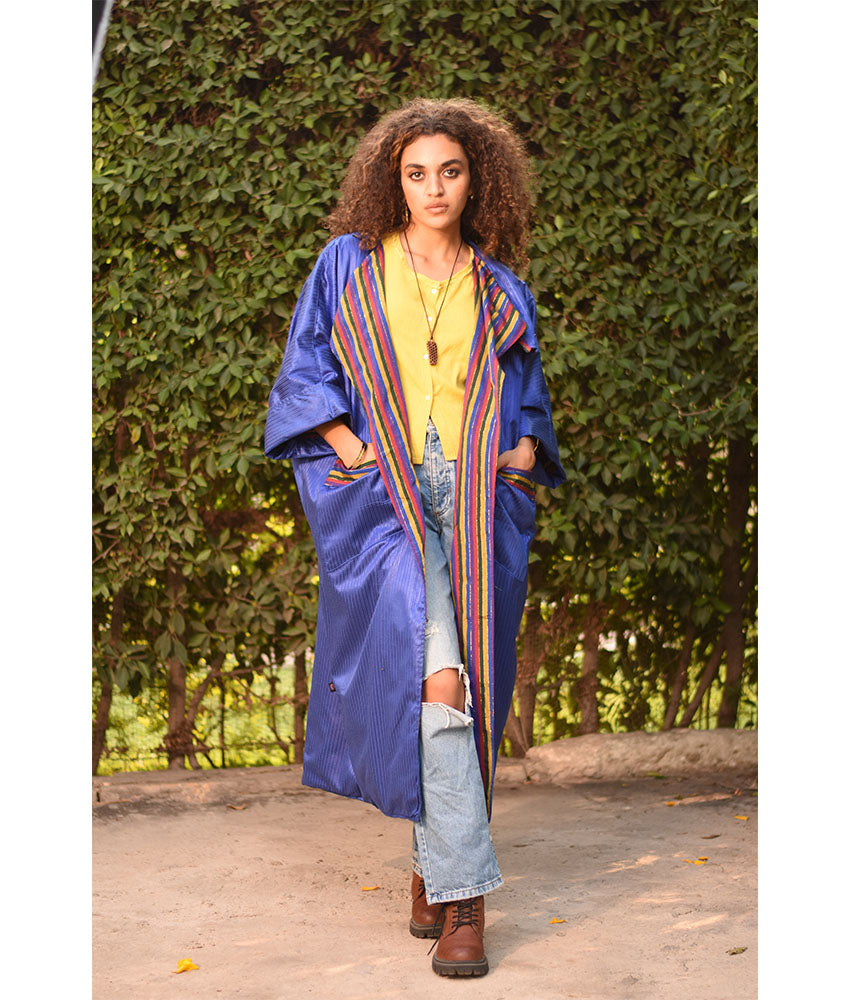Electric Blue & Multicolored Long Double-Faced Jacket handmade in Egypt & available at Jozee Boutique.