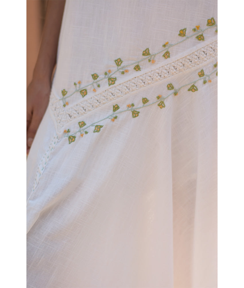 White Linen Dress with Hand Embroideries handmade in Egypt & available in Jozee boutique