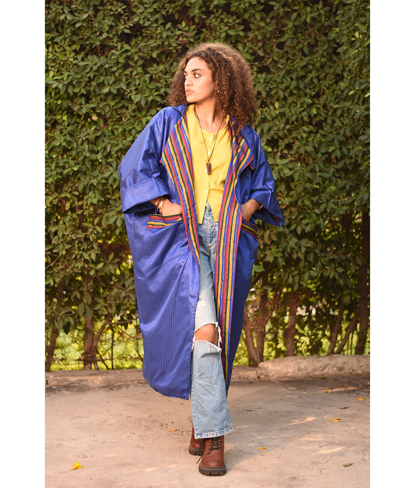 Electric Blue & Multicolored Long Double-Faced Jacket handmade in Egypt & available at Jozee Boutique.