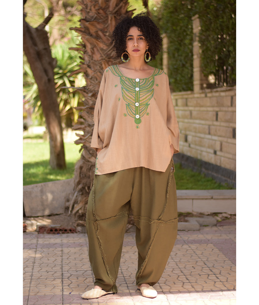 Dark Beige Siwa Embroidered Linen Top handmade in Egypt & available in Jozee boutique