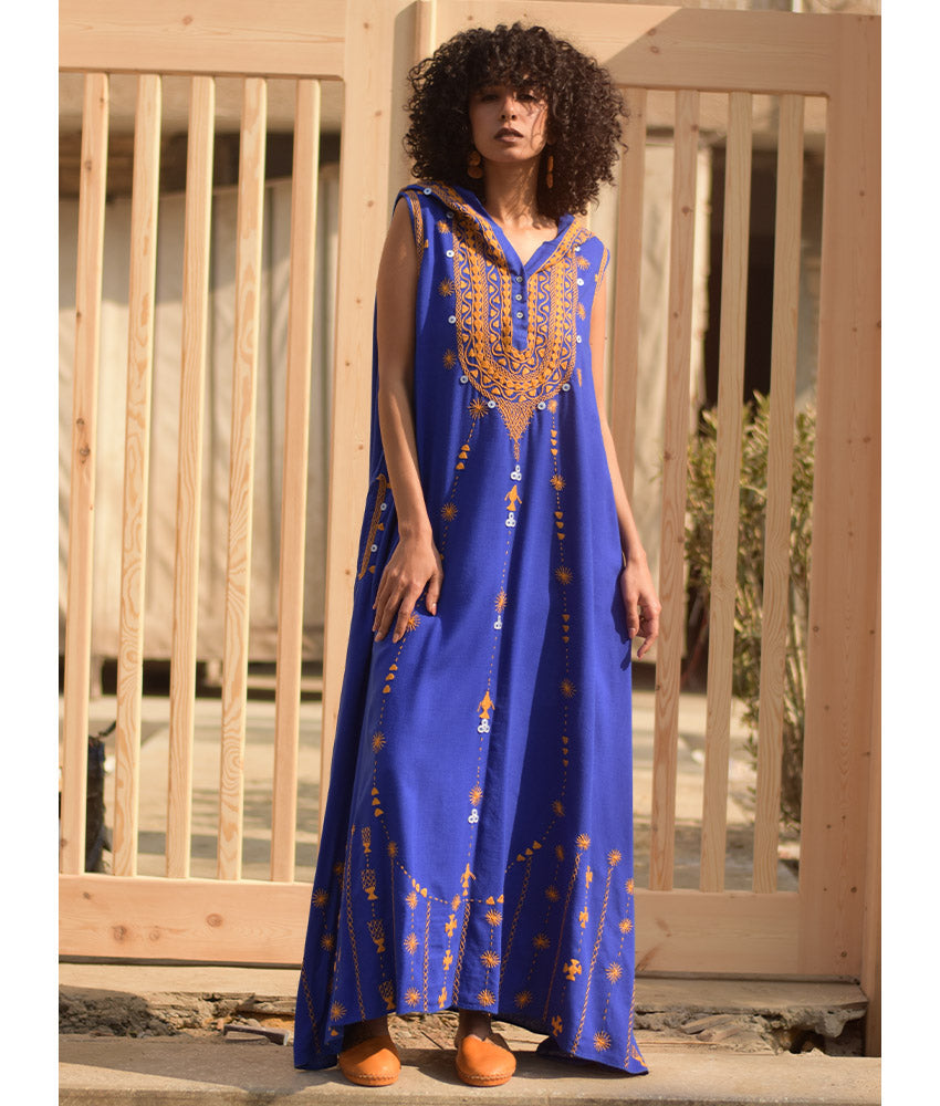 Electric Blue Siwa Heavily Embroidered Linen Dress with Hoodie handmade in Egypt & available at Jozee Boutique.