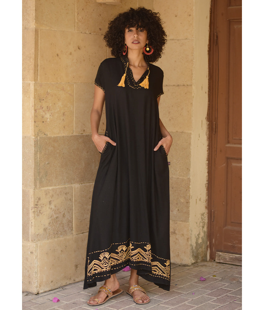 Black Linen Dress with Ancient Egyptian Lotus Embroidery handmade in Egypt & available at Jozee Boutique.