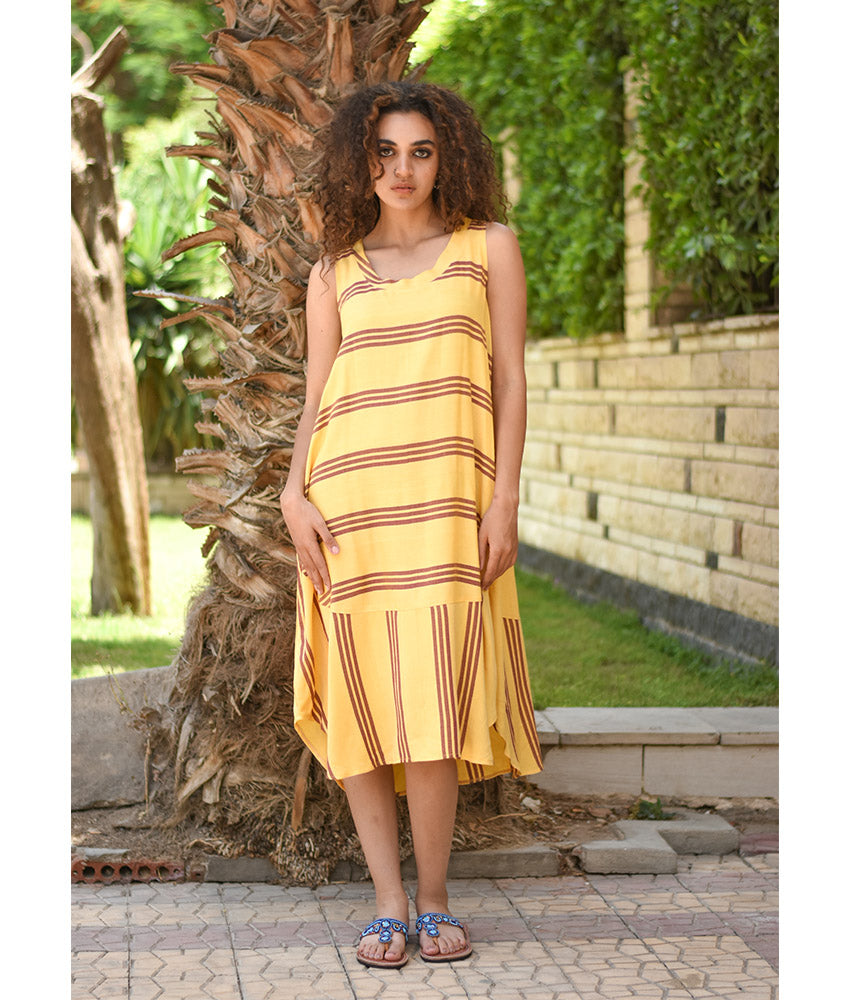 Yellow & Brown Viscose Midi Sleeveless Dress Handmade in Egypt & available in Jozee boutique