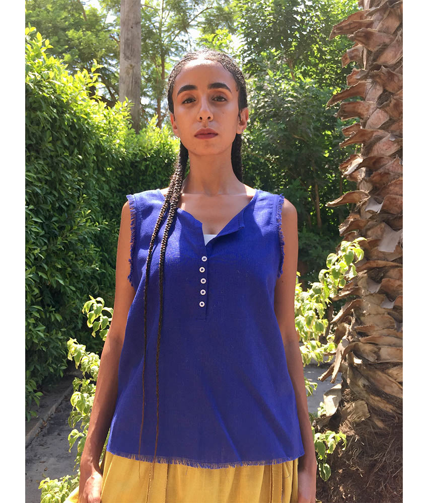Electric Blue Linen Top handmade in Egypt & available in Jozee boutique