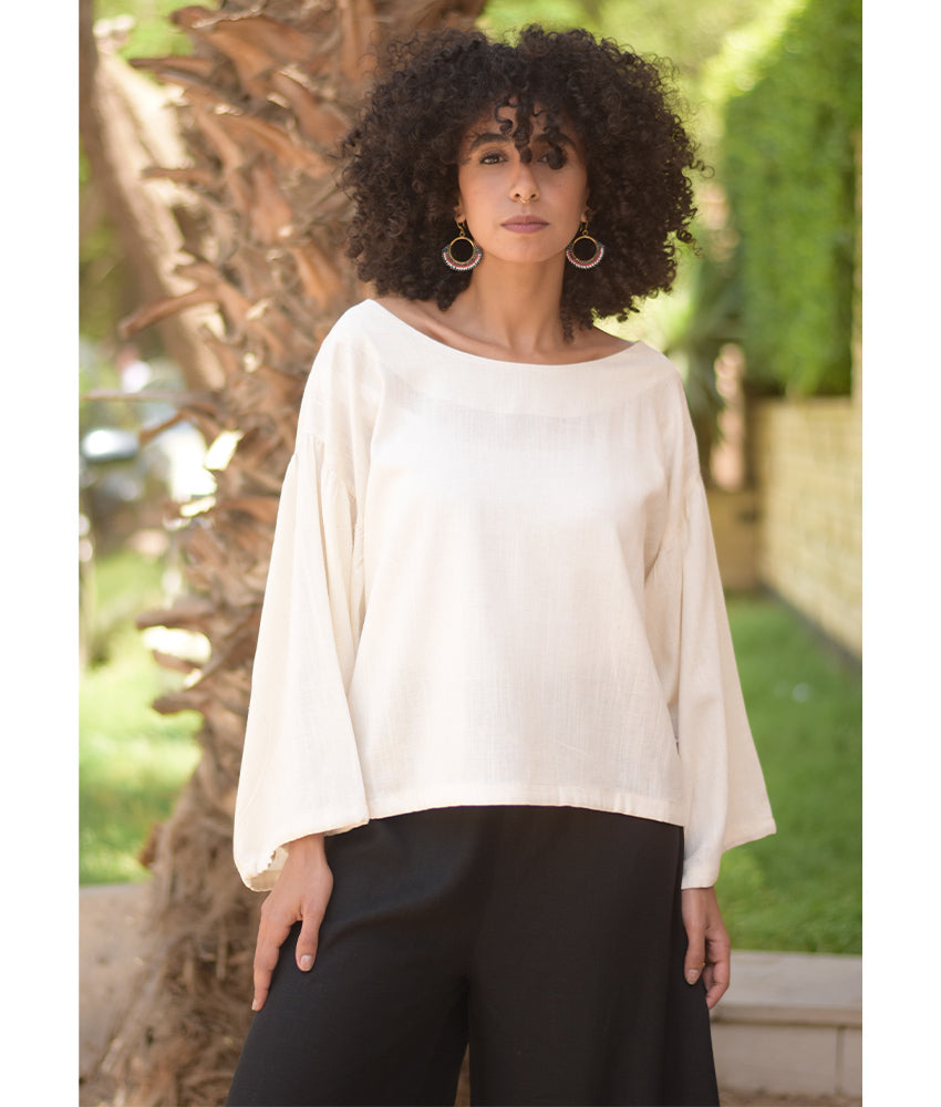 Off White Linen Long Sleeves Cinched Top handmade in Egypt & available at Jozee boutique