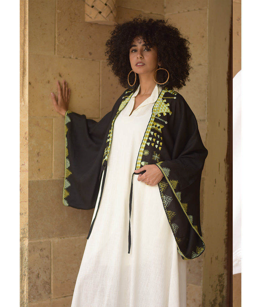 Black Siwa Embroidered Linen Bolero made in Egypt & available at Jozee Boutique.