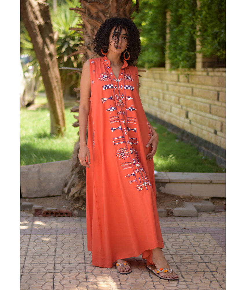 Orange Siwa Embroidered Linen Japanese Dress handmade in Egypt & available at Jozee Boutique.