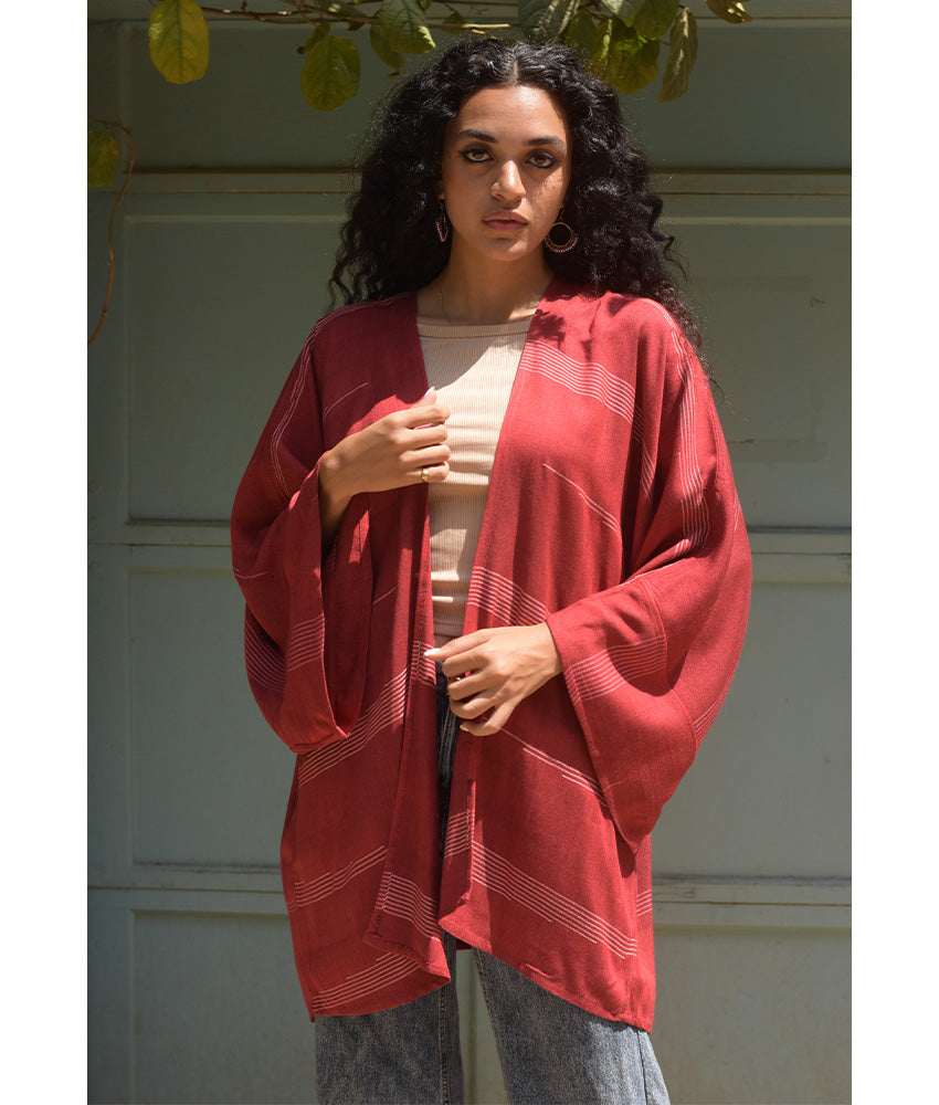 Red handwoven Egyptian cotton cardigan handmade in Egypt & available at Jozee Boutique.