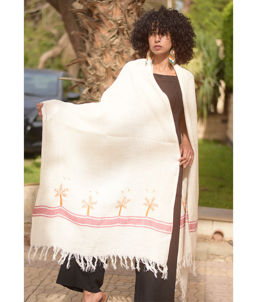 Off White Embroidered Linen Shawl handmade in Egypt & available at Jozee Boutique.handmade in Egypt & available at Jozee Boutique.