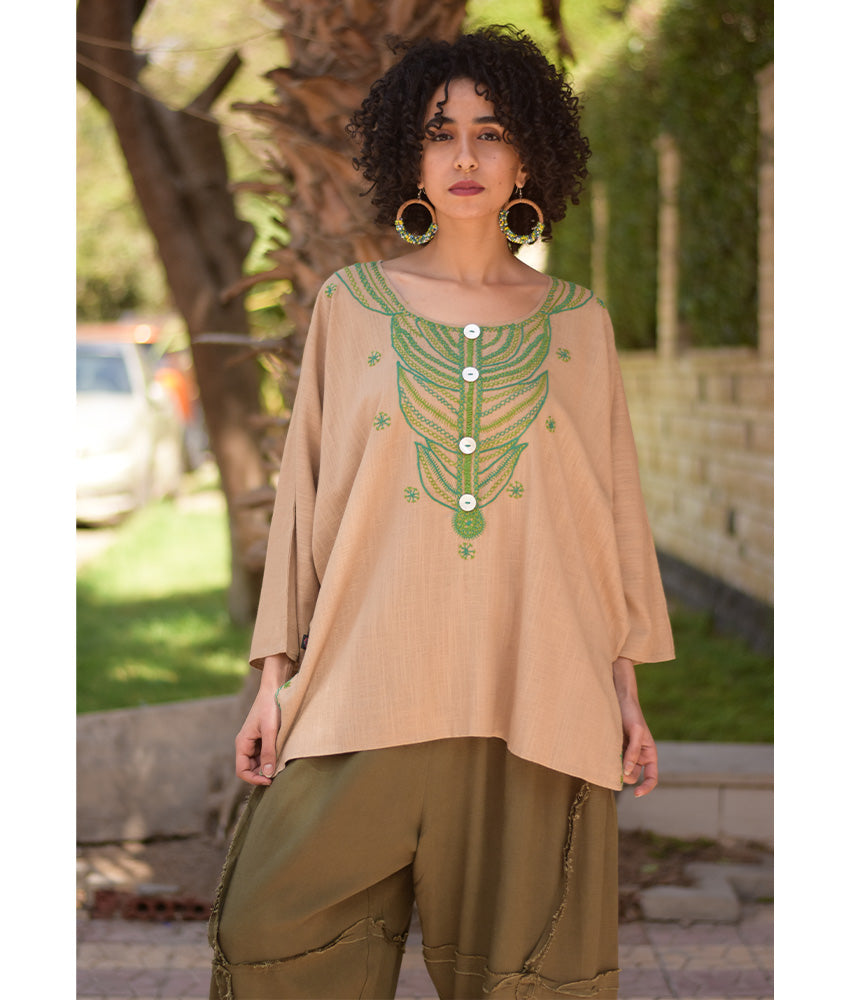 Dark Beige Siwa Embroidered Linen Top handmade in Egypt & available in Jozee boutique
