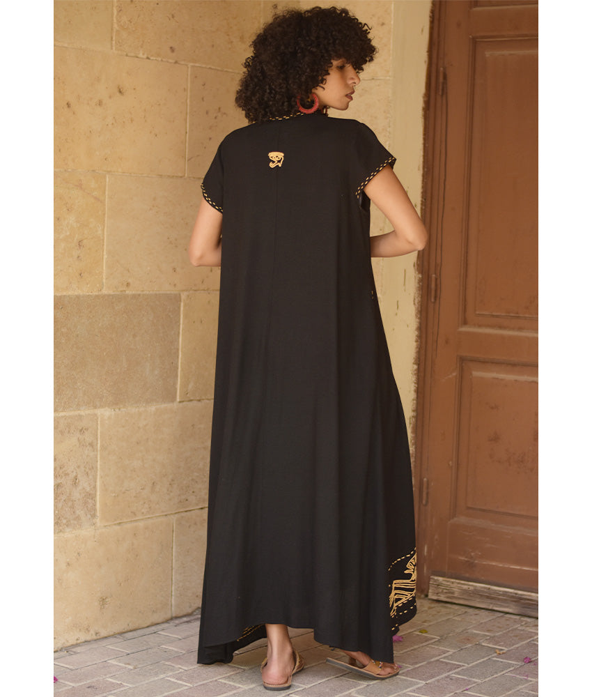 Black Linen Dress with Ancient Egyptian Lotus Embroidery handmade in Egypt & available at Jozee Boutique.