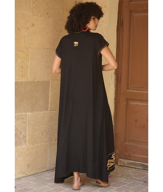 Black Linen Dress with Ancient Egyptian Lotus Embroidery handmade in Egypt & available at Jozee Boutique.