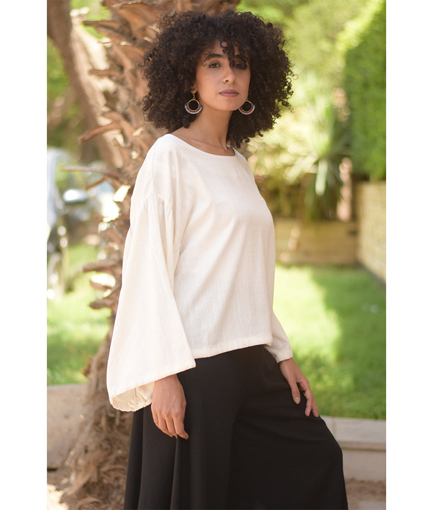 Off White Linen Long Sleeves Cinched Top handmade in Egypt & available at Jozee boutique