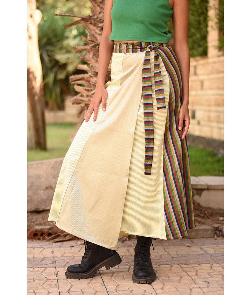 Champagne Gold & Multicolored Silk and Cotton Loom Woven Long Wrap Skirt handmade in Egypt & available at Jozee Boutique.