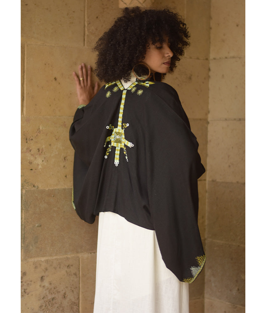 Black Siwa Embroidered Linen Bolero made in Egypt & available at Jozee Boutique.