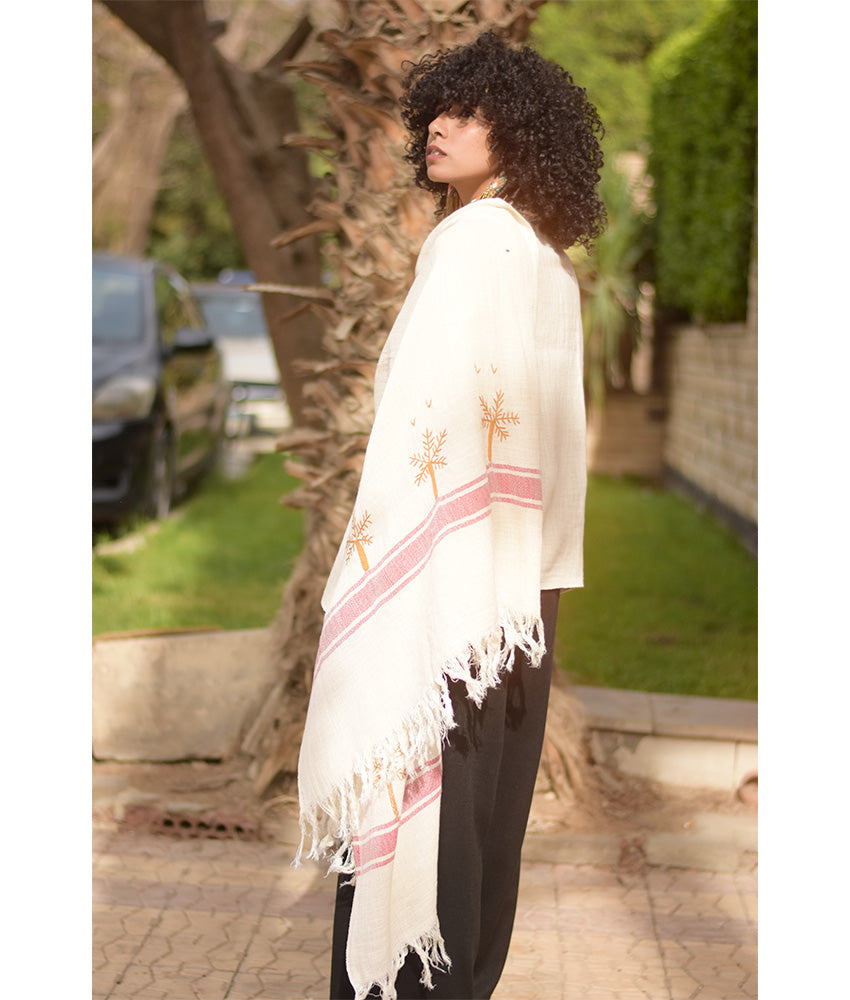 Off White Embroidered Linen Shawl handmade in Egypt & available at Jozee Boutique.handmade in Egypt & available at Jozee Boutique.