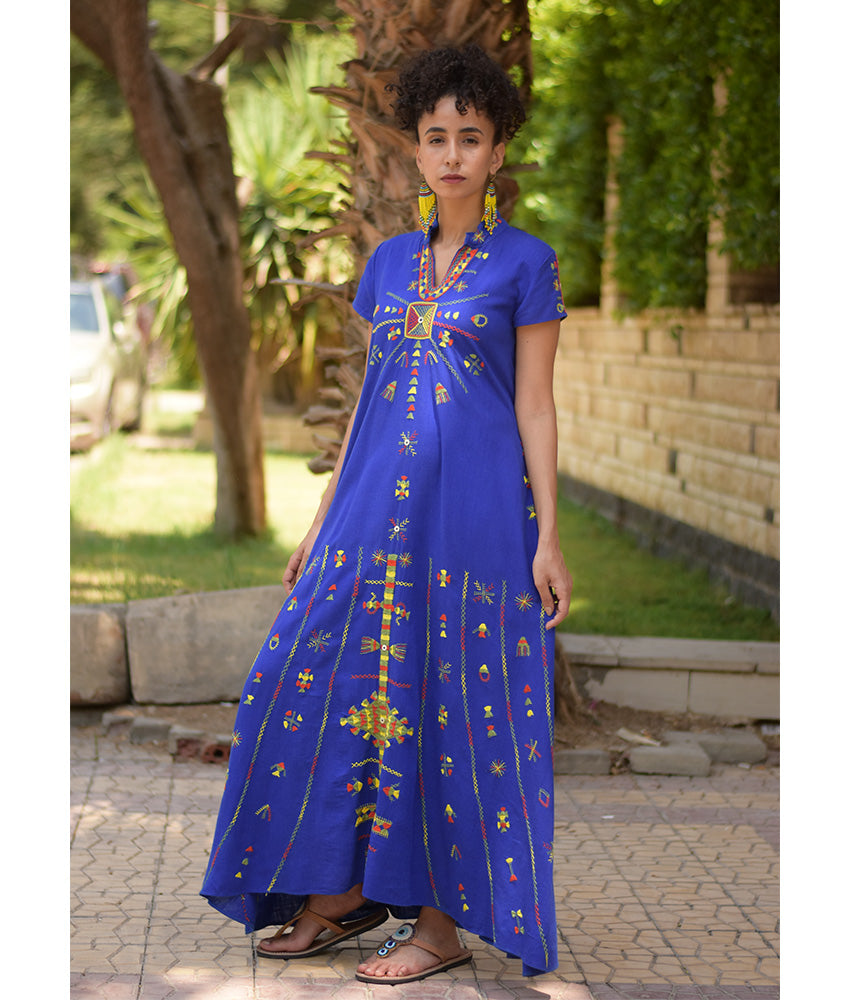Electric Blue Siwa Embroidered Linen Japanese Dress handmade in Egypt & available at Jozee Boutique.