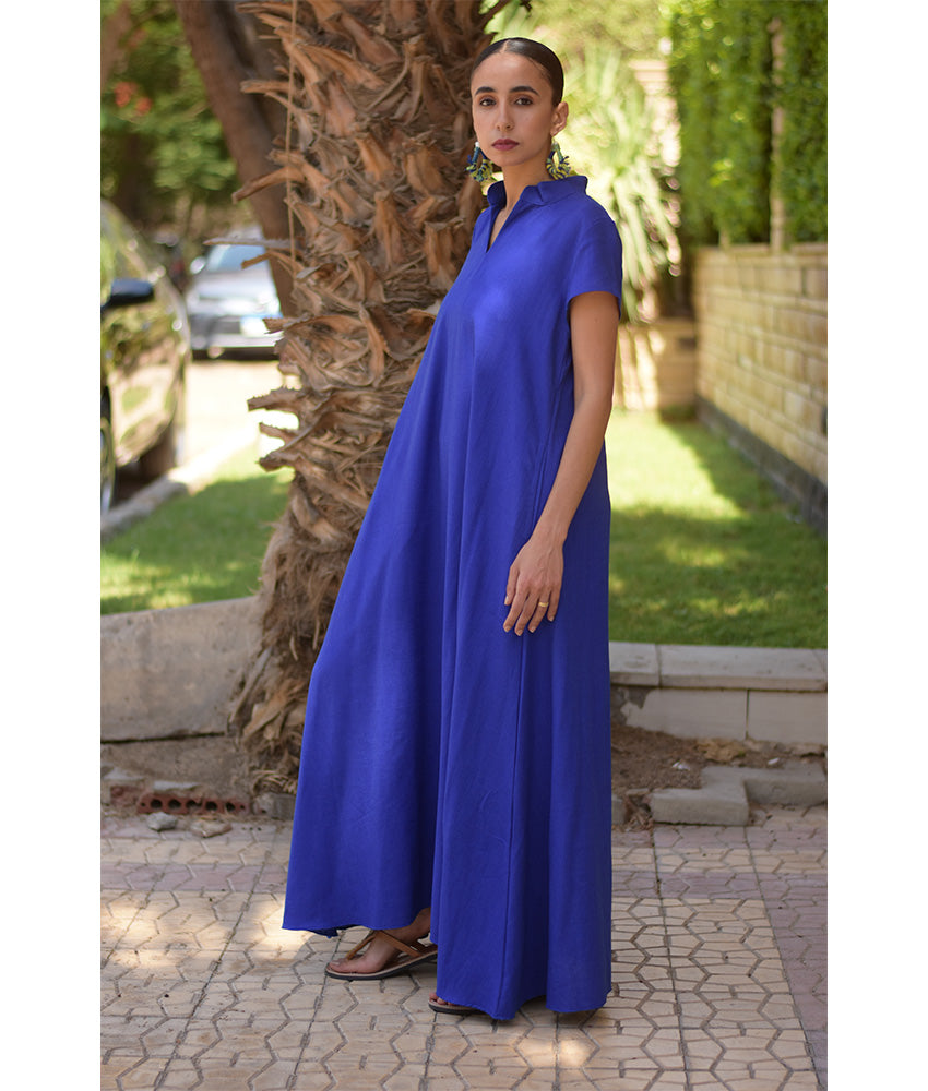 Electric Blue Linen Japanese Dress made in Egypt & available in Jozee boutique