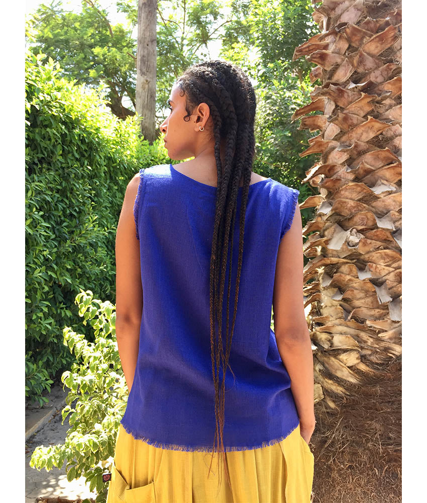 Electric Blue Linen Top handmade in Egypt & available in Jozee boutique