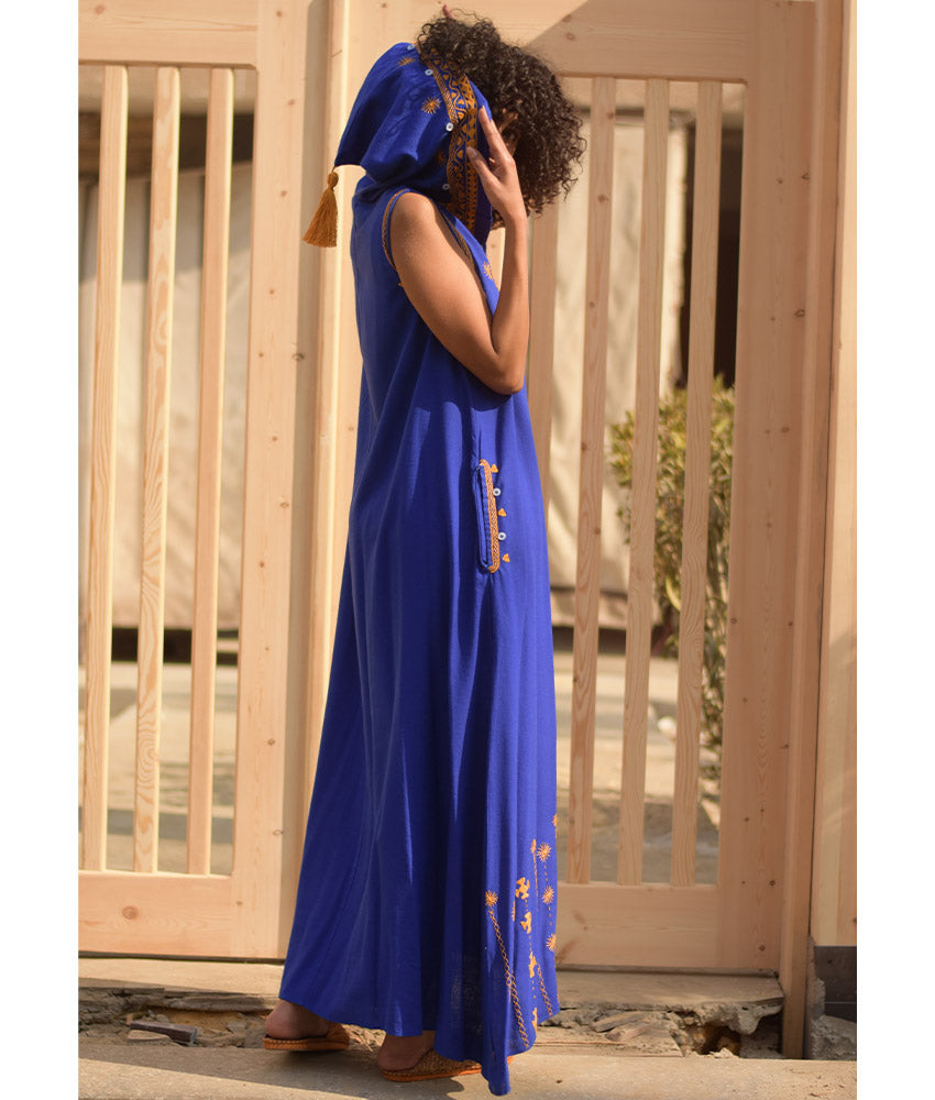 Electric Blue Siwa Heavily Embroidered Linen Dress with Hoodie handmade in Egypt & available at Jozee Boutique.