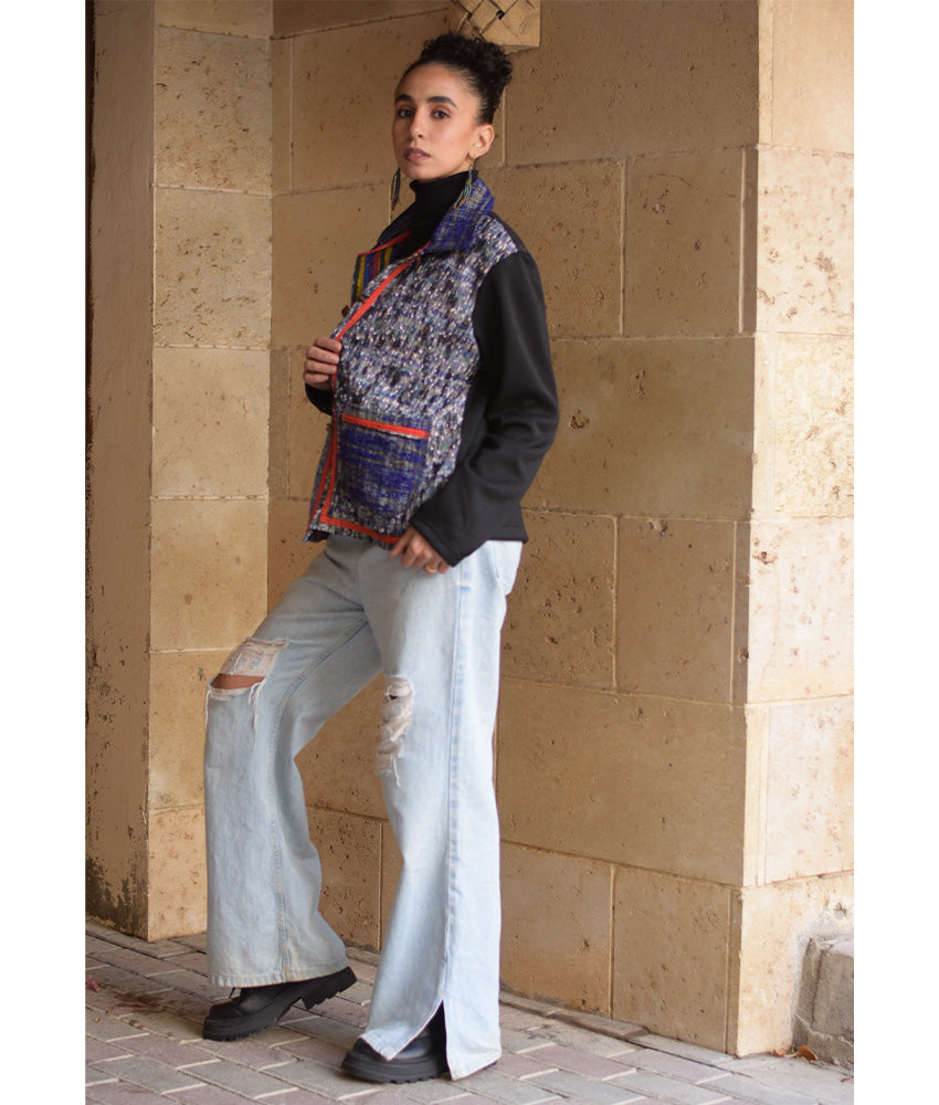 Black & Multicolored Cropped Akhmim Loomwoven Jacket handmade in Egypt & available at Jozee Boutique.handmade in Egypt & available at Jozee Boutique.