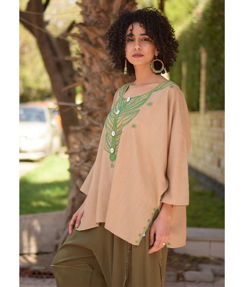 Dark Beige Siwa Embroidered Linen Top handmade in Egypt & available in Jozee boutique