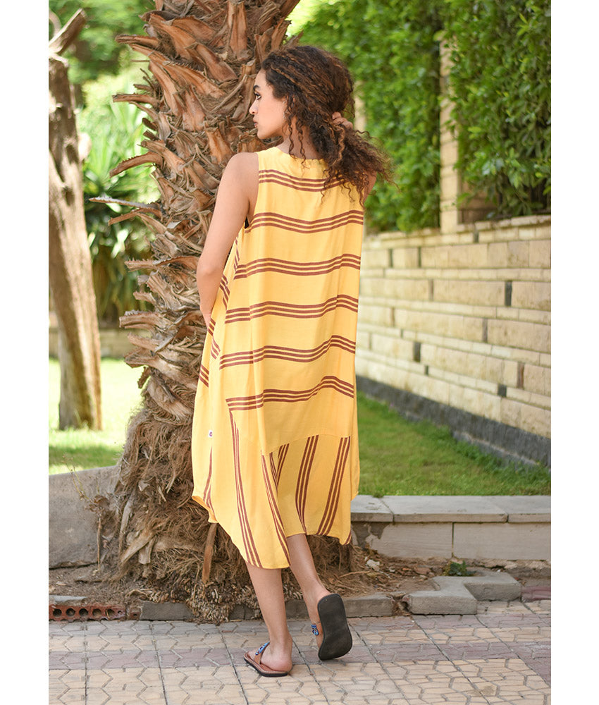 Yellow & Brown Viscose Midi Sleeveless Dress Handmade in Egypt & available in Jozee boutique