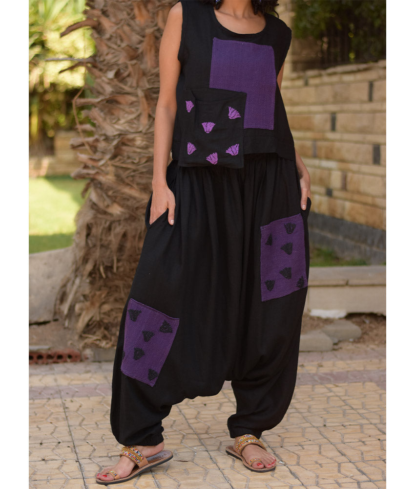Black Linen Set with Hand Embroideries handmade in Egypt & available at Jozee Boutique.