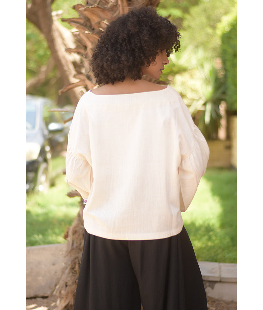 Off White Linen Long Sleeves Cinched Top handmade in Egypt & available at Jozee boutique