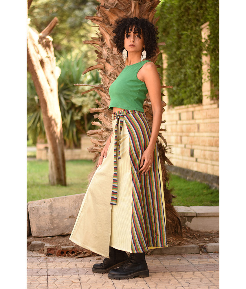 Champagne Gold & Multicolored Silk and Cotton Loom Woven Long Wrap Skirt handmade in Egypt & available at Jozee Boutique.