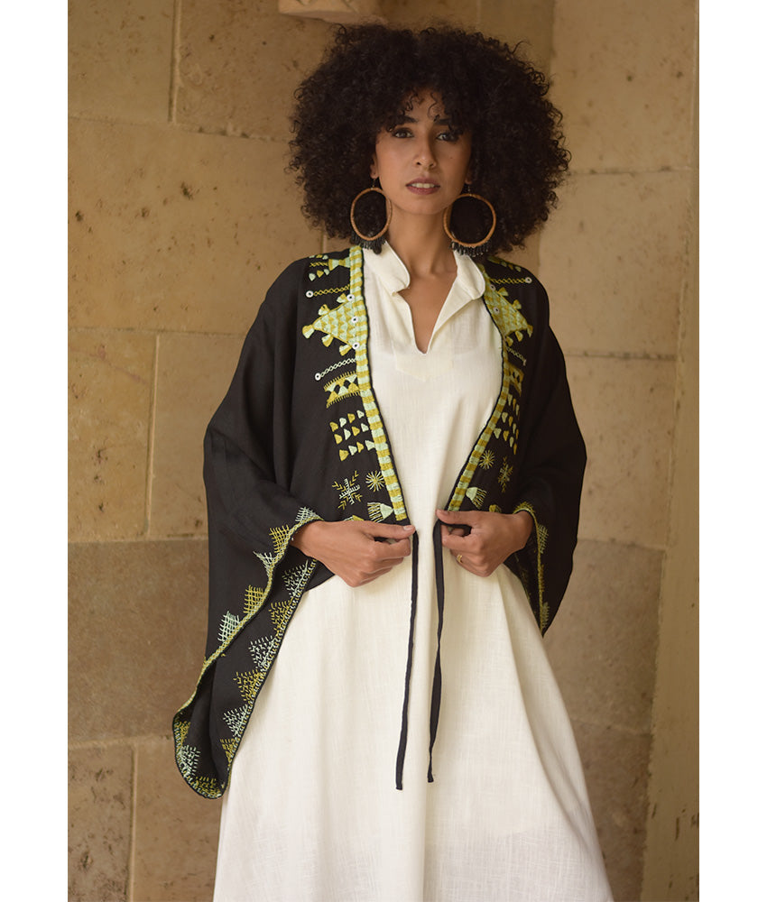 Black Siwa Embroidered Linen Bolero made in Egypt & available at Jozee Boutique.