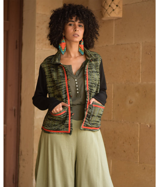 Black & Green Cropped Akhmim Loomwoven Jacket handmade in Egypt & available at Jozee Boutique.handmade in Egypt & available at Jozee Boutique.