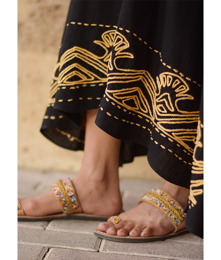 Black Linen Dress with Ancient Egyptian Lotus Embroidery handmade in Egypt & available at Jozee Boutique.