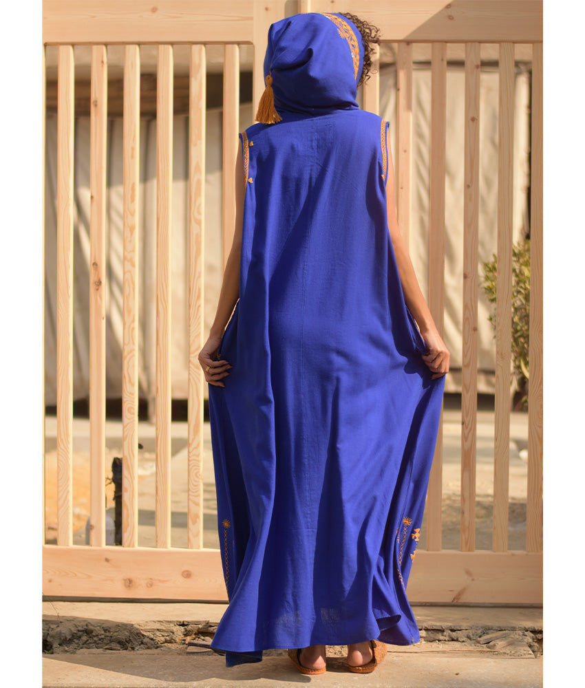 Electric Blue Siwa Heavily Embroidered Linen Dress with Hoodie handmade in Egypt & available at Jozee Boutique.