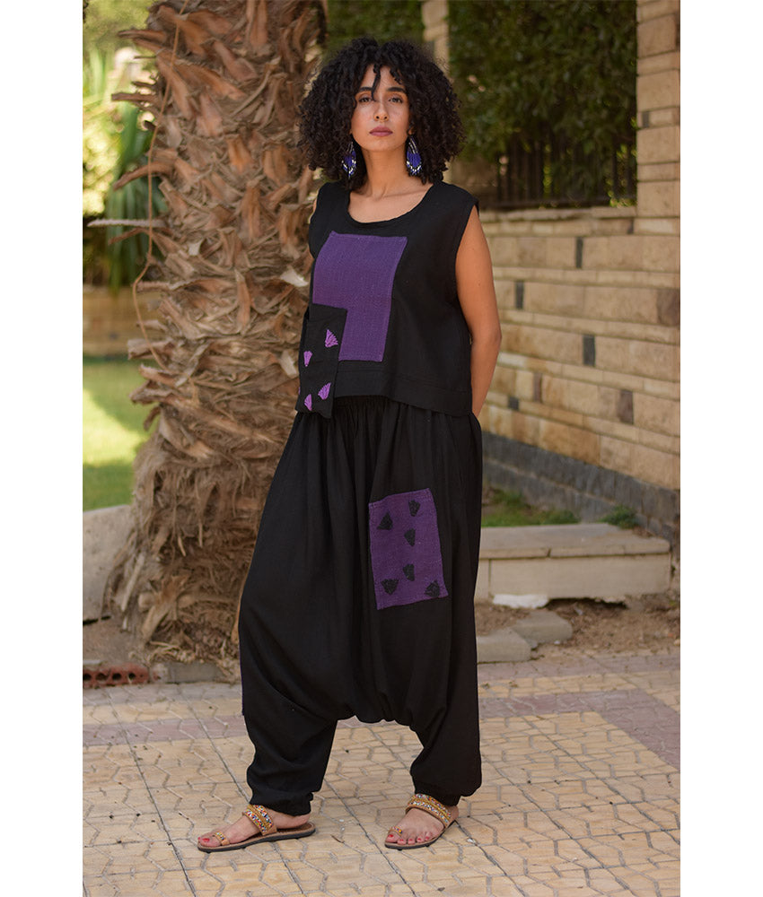 Black Linen Set with Hand Embroideries handmade in Egypt & available at Jozee Boutique.