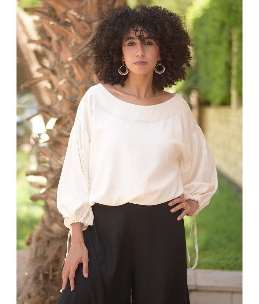 Off White Linen Long Sleeves Cinched Top handmade in Egypt & available at Jozee boutique