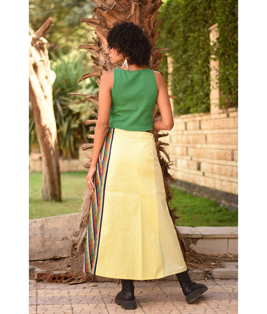 Champagne Gold & Multicolored Silk and Cotton Loom Woven Long Wrap Skirt handmade in Egypt & available at Jozee Boutique.