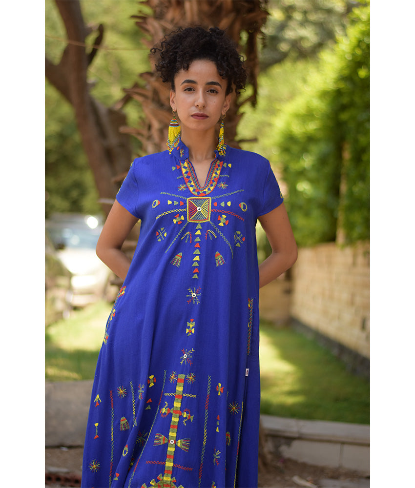 Electric Blue Siwa Embroidered Linen Japanese Dress handmade in Egypt & available at Jozee Boutique.